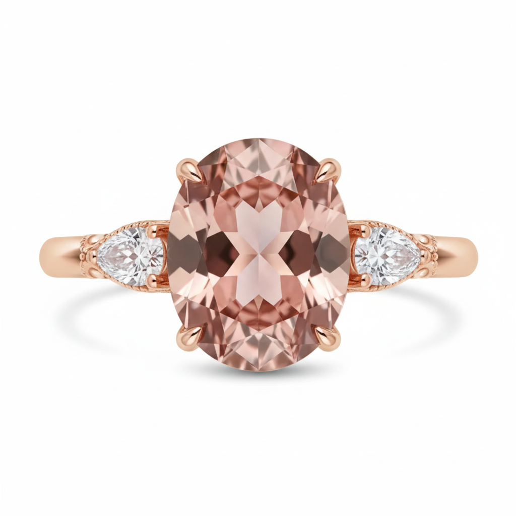 Rose gold ring with a large pink gemstone and smaller white gemstones on a white background