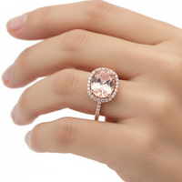 Ring with a pink gemstone on a hand against a white background