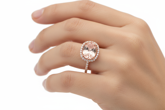 Rose gold ring with a large pink gemstone and smaller white gemstones on a white background